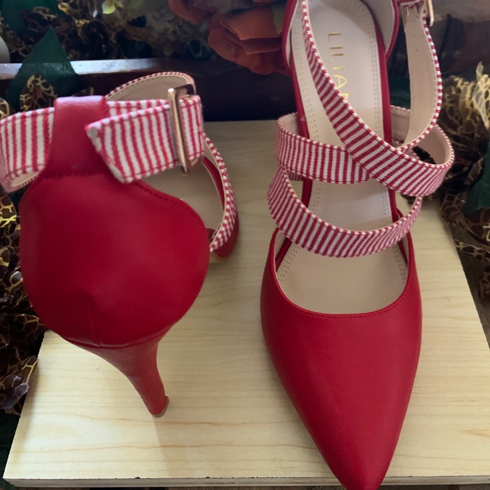 Red & White Strip Pumps